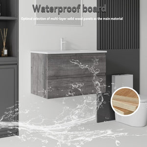 English Elm 30 Inch Wall Mounted Floating Vanity with Ceramic Basin Soft Close Drawer Plywood Grey B2775S00009