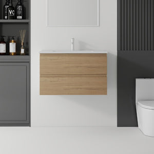 English Elm 30 Inch Wall Mounted Floating Vanity with Ceramic Basin Soft Close Drawer Plywood Oak B2775S00010