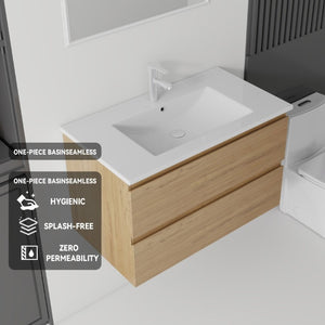 English Elm 30 Inch Wall Mounted Floating Vanity with Ceramic Basin Soft Close Drawer Plywood Oak B2775S00010