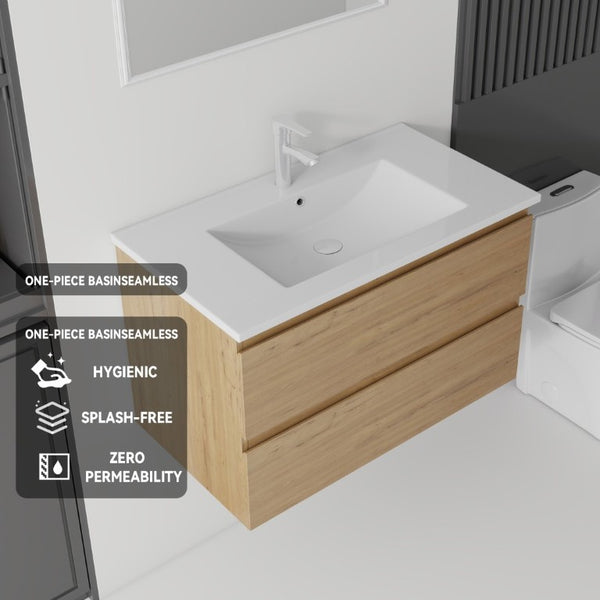 English Elm 30 Inch Wall Mounted Floating Vanity with Ceramic Basin Soft Close Drawer Plywood Oak B2775S00010