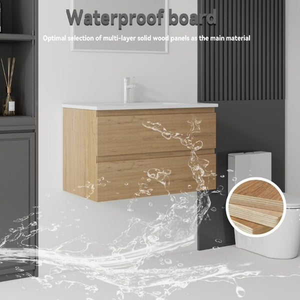 English Elm 30 Inch Wall Mounted Floating Vanity with Ceramic Basin Soft Close Drawer Plywood Oak B2775S00010