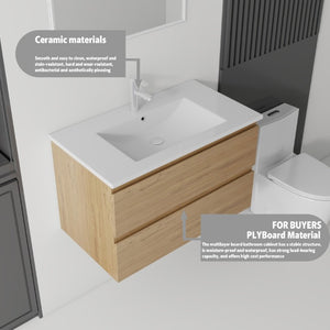 English Elm 30 Inch Wall Mounted Floating Vanity with Ceramic Basin Soft Close Drawer Plywood Oak B2775S00010