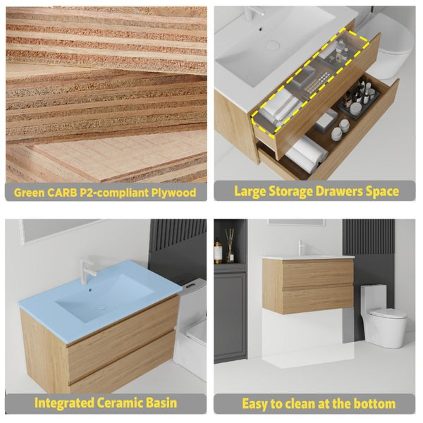 English Elm 30 Inch Wall Mounted Floating Vanity with Ceramic Basin Soft Close Drawer Plywood Oak B2775S00010
