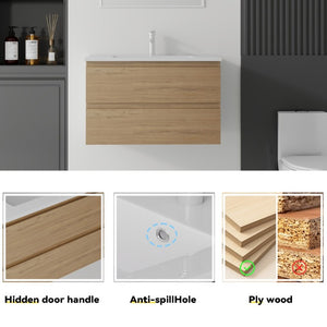 English Elm 30 Inch Wall Mounted Floating Vanity with Ceramic Basin Soft Close Drawer Plywood Oak B2775S00010