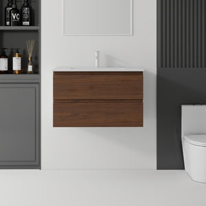 English Elm 30 Inch Wall Mounted Floating Vanity with Ceramic Basin Soft Close Drawer Plywood Brown B2775S00011