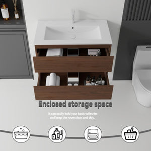 English Elm 30 Inch Wall Mounted Floating Vanity with Ceramic Basin Soft Close Drawer Plywood Brown B2775S00011
