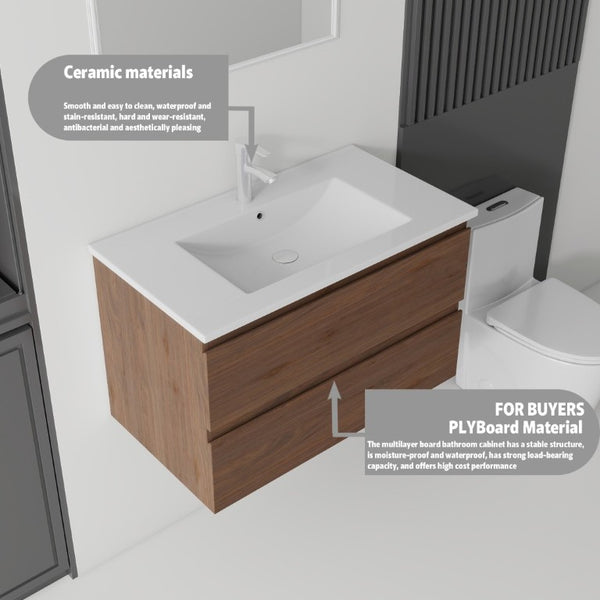 English Elm 30 Inch Wall Mounted Floating Vanity with Ceramic Basin Soft Close Drawer Plywood Brown B2775S00011