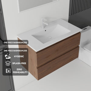English Elm 30 Inch Wall Mounted Floating Vanity with Ceramic Basin Soft Close Drawer Plywood Brown B2775S00011