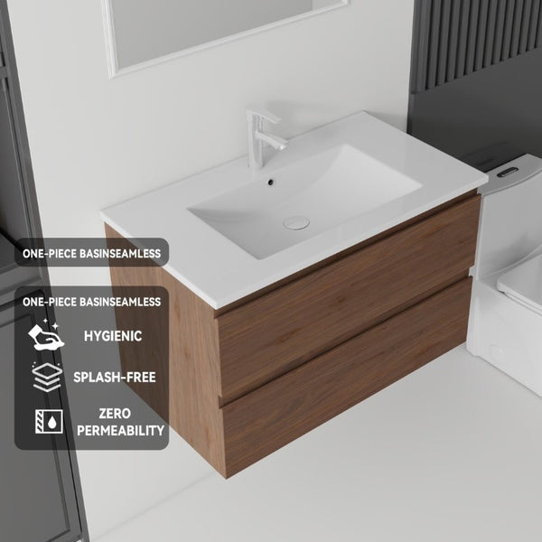 English Elm 30 Inch Wall Mounted Floating Vanity with Ceramic Basin Soft Close Drawer Plywood Brown B2775S00011