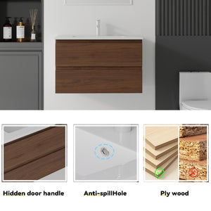 English Elm 30 Inch Wall Mounted Floating Vanity with Ceramic Basin Soft Close Drawer Plywood Brown B2775S00011