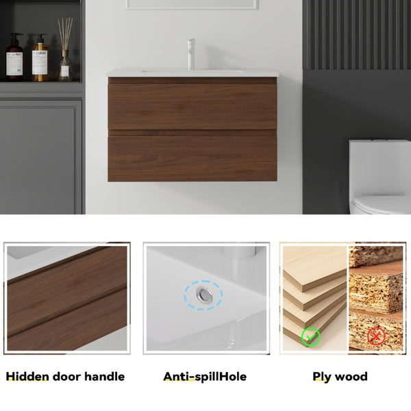 English Elm 30 Inch Wall Mounted Floating Vanity with Ceramic Basin Soft Close Drawer Plywood Brown B2775S00011