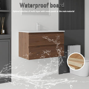 English Elm 30 Inch Wall Mounted Floating Vanity with Ceramic Basin Soft Close Drawer Plywood Brown B2775S00011
