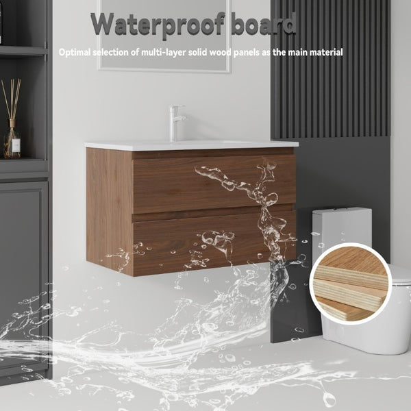 English Elm 30 Inch Wall Mounted Floating Vanity with Ceramic Basin Soft Close Drawer Plywood Brown B2775S00011