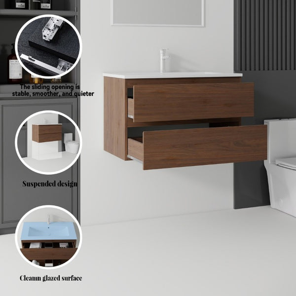 English Elm 30 Inch Wall Mounted Floating Vanity with Ceramic Basin Soft Close Drawer Plywood Brown B2775S00011