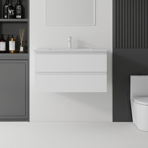 English Elm 36 Inch Floating Bathroom Vanity with Integrated Ceramic Sink and Soft Close Storage White B2775S00012