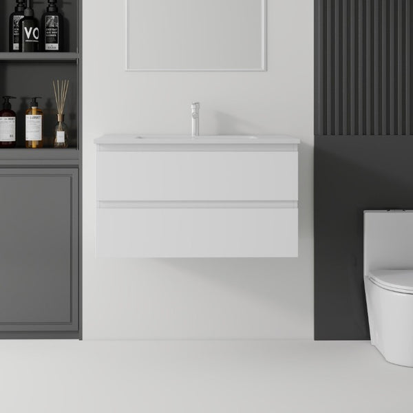 English Elm 36 Inch Floating Bathroom Vanity with Integrated Ceramic Sink and Soft Close Storage White B2775S00012