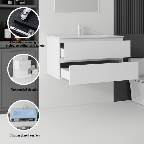 English Elm 36 Inch Floating Bathroom Vanity with Integrated Ceramic Sink and Soft Close Storage White B2775S00012