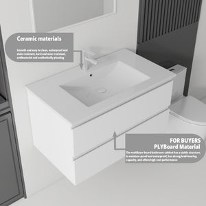 English Elm 36 Inch Floating Bathroom Vanity with Integrated Ceramic Sink and Soft Close Storage White B2775S00012