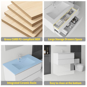 English Elm 36 Inch Floating Bathroom Vanity with Integrated Ceramic Sink and Soft Close Storage White B2775S00012