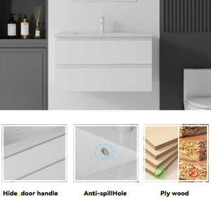 English Elm 36 Inch Floating Bathroom Vanity with Integrated Ceramic Sink and Soft Close Storage White B2775S00012