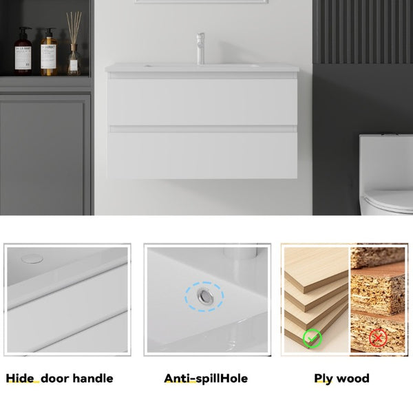 English Elm 36 Inch Floating Bathroom Vanity with Integrated Ceramic Sink and Soft Close Storage White B2775S00012