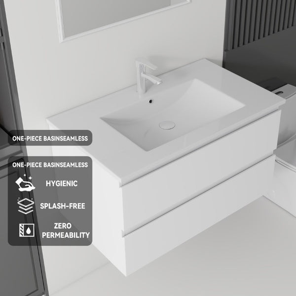 English Elm 36 Inch Floating Bathroom Vanity with Integrated Ceramic Sink and Soft Close Storage White B2775S00012