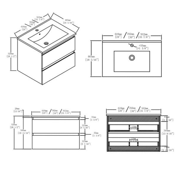 English Elm 36 Inch Floating Bathroom Vanity with Integrated Ceramic Sink and Soft Close Storage White B2775S00012