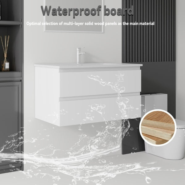 English Elm 36 Inch Floating Bathroom Vanity with Integrated Ceramic Sink and Soft Close Storage White B2775S00012