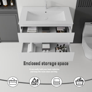 English Elm 36 Inch Floating Bathroom Vanity with Integrated Ceramic Sink and Soft Close Storage White B2775S00012