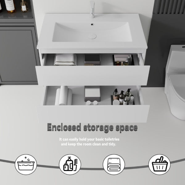 English Elm 36 Inch Floating Bathroom Vanity with Integrated Ceramic Sink and Soft Close Storage White B2775S00012