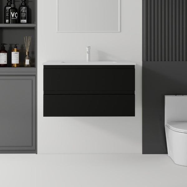English Elm 36 Inch Floating Bathroom Vanity with Integrated Ceramic Sink and Soft Close Storage Black B2775S00013