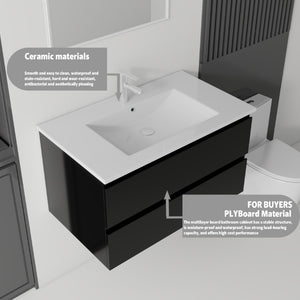 English Elm 36 Inch Floating Bathroom Vanity with Integrated Ceramic Sink and Soft Close Storage Black B2775S00013