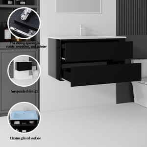 English Elm 36 Inch Floating Bathroom Vanity with Integrated Ceramic Sink and Soft Close Storage Black B2775S00013