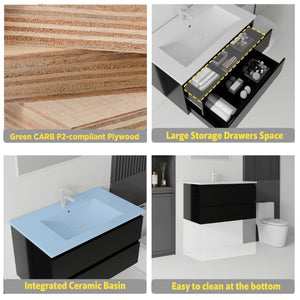 English Elm 36 Inch Floating Bathroom Vanity with Integrated Ceramic Sink and Soft Close Storage Black B2775S00013
