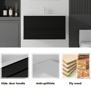 English Elm 36 Inch Floating Bathroom Vanity with Integrated Ceramic Sink and Soft Close Storage Black B2775S00013