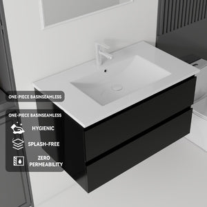 English Elm 36 Inch Floating Bathroom Vanity with Integrated Ceramic Sink and Soft Close Storage Black B2775S00013