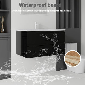 English Elm 36 Inch Floating Bathroom Vanity with Integrated Ceramic Sink and Soft Close Storage Black B2775S00013
