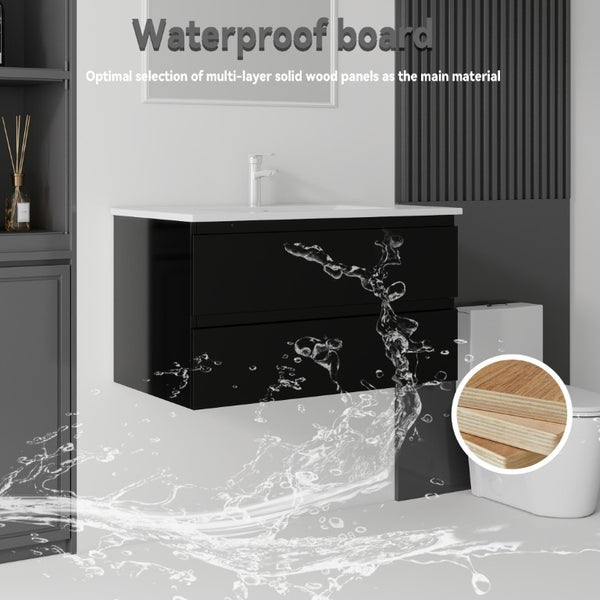 English Elm 36 Inch Floating Bathroom Vanity with Integrated Ceramic Sink and Soft Close Storage Black B2775S00013
