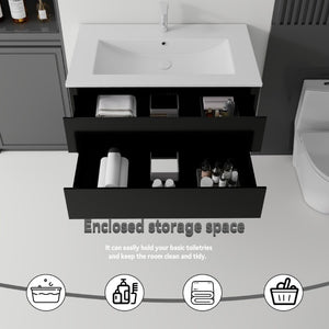English Elm 36 Inch Floating Bathroom Vanity with Integrated Ceramic Sink and Soft Close Storage Black B2775S00013