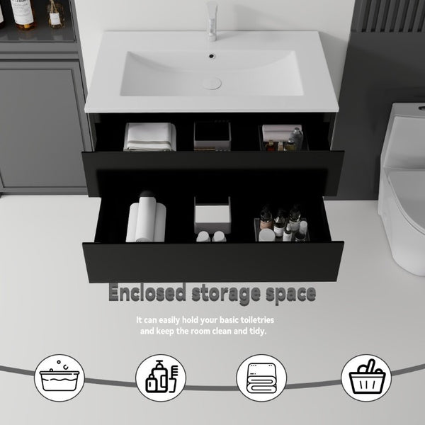 English Elm 36 Inch Floating Bathroom Vanity with Integrated Ceramic Sink and Soft Close Storage Black B2775S00013