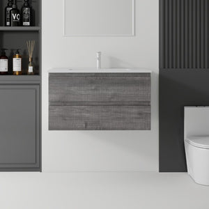 English Elm 36 Inch Floating Bathroom Vanity with Integrated Ceramic Sink and Soft Close Storage Grey B2775S00014