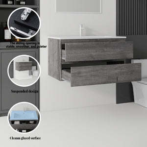 English Elm 36 Inch Floating Bathroom Vanity with Integrated Ceramic Sink and Soft Close Storage Grey B2775S00014
