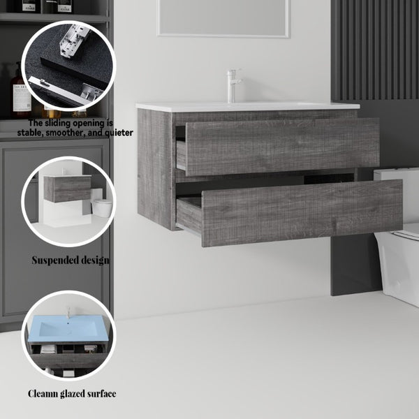 English Elm 36 Inch Floating Bathroom Vanity with Integrated Ceramic Sink and Soft Close Storage Grey B2775S00014
