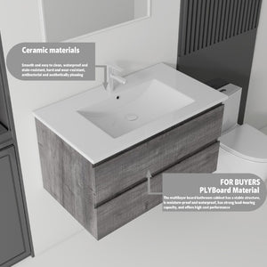 English Elm 36 Inch Floating Bathroom Vanity with Integrated Ceramic Sink and Soft Close Storage Grey B2775S00014