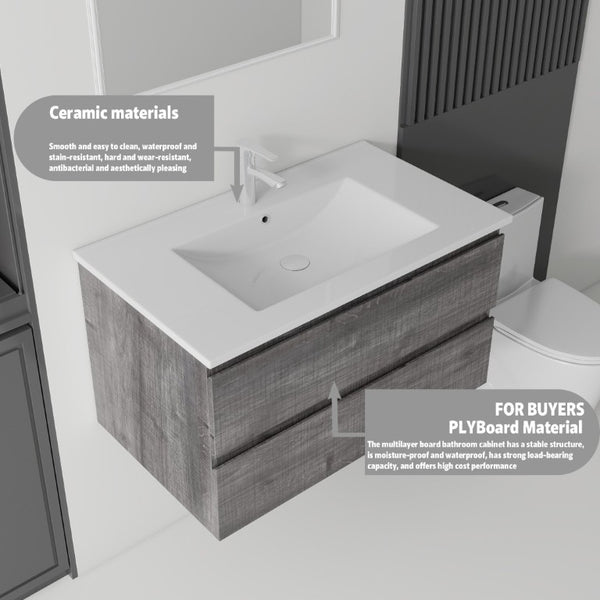 English Elm 36 Inch Floating Bathroom Vanity with Integrated Ceramic Sink and Soft Close Storage Grey B2775S00014