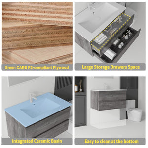 English Elm 36 Inch Floating Bathroom Vanity with Integrated Ceramic Sink and Soft Close Storage Grey B2775S00014