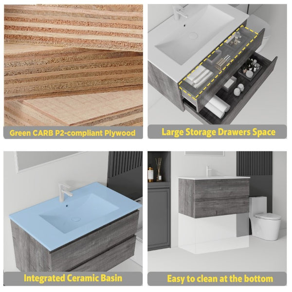 English Elm 36 Inch Floating Bathroom Vanity with Integrated Ceramic Sink and Soft Close Storage Grey B2775S00014