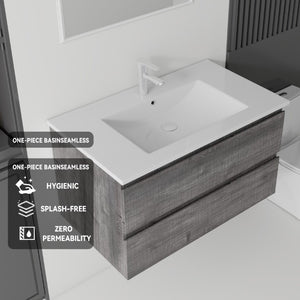 English Elm 36 Inch Floating Bathroom Vanity with Integrated Ceramic Sink and Soft Close Storage Grey B2775S00014