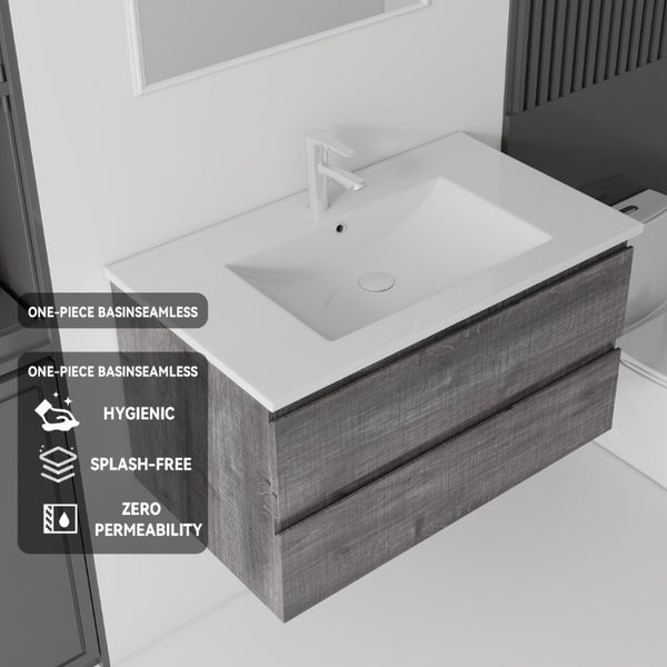 English Elm 36 Inch Floating Bathroom Vanity with Integrated Ceramic Sink and Soft Close Storage Grey B2775S00014