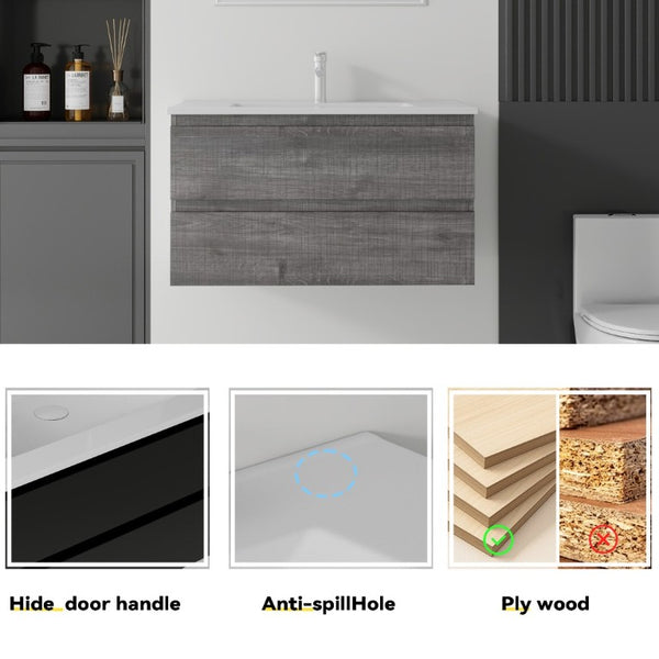 English Elm 36 Inch Floating Bathroom Vanity with Integrated Ceramic Sink and Soft Close Storage Grey B2775S00014